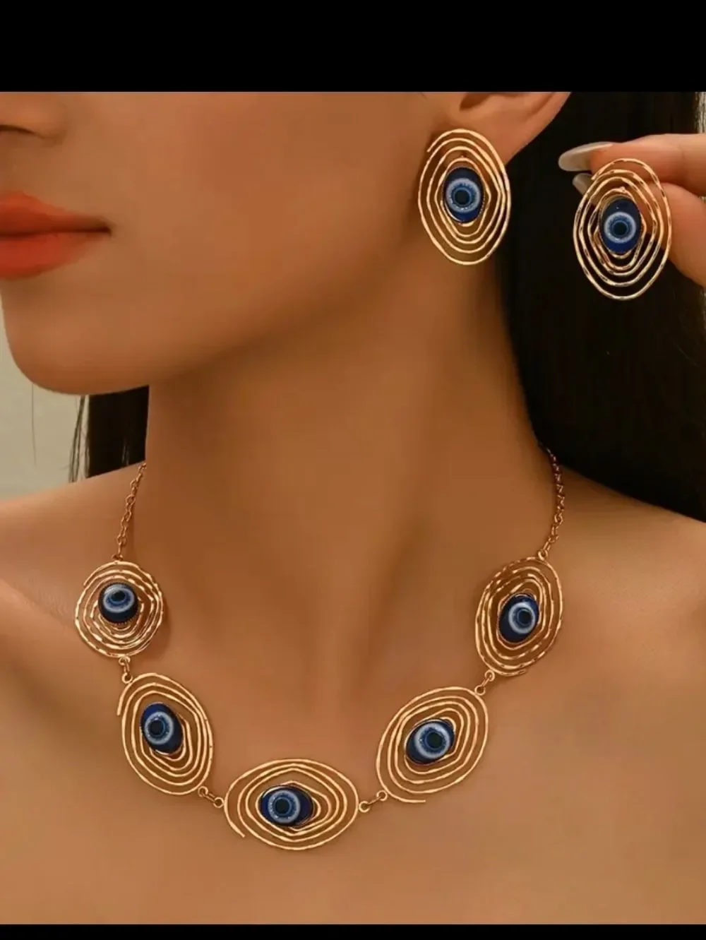Gold Plated Evil Eye Necklace And Earrings Set